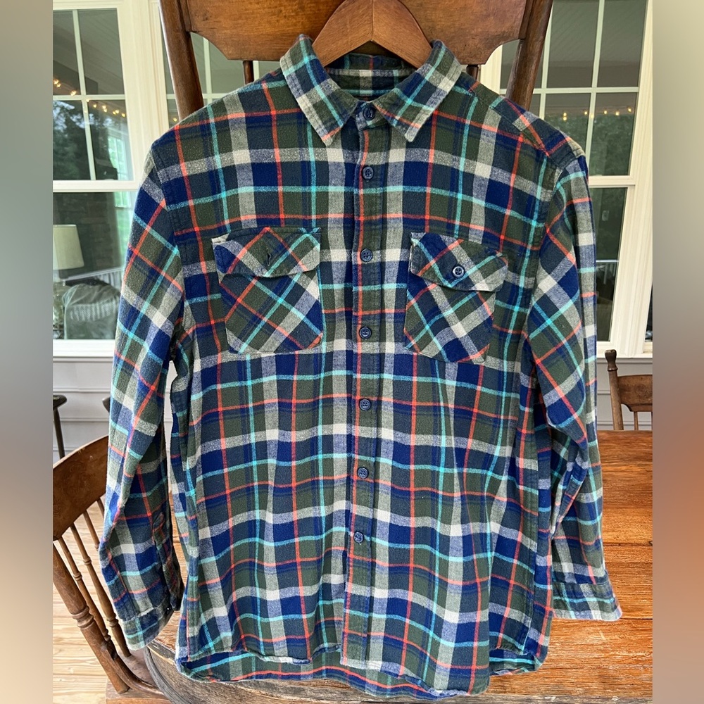 LL Bean Kids Flannel Shirt Tartan Blue Green 100% Cotton Missing Button XL 18